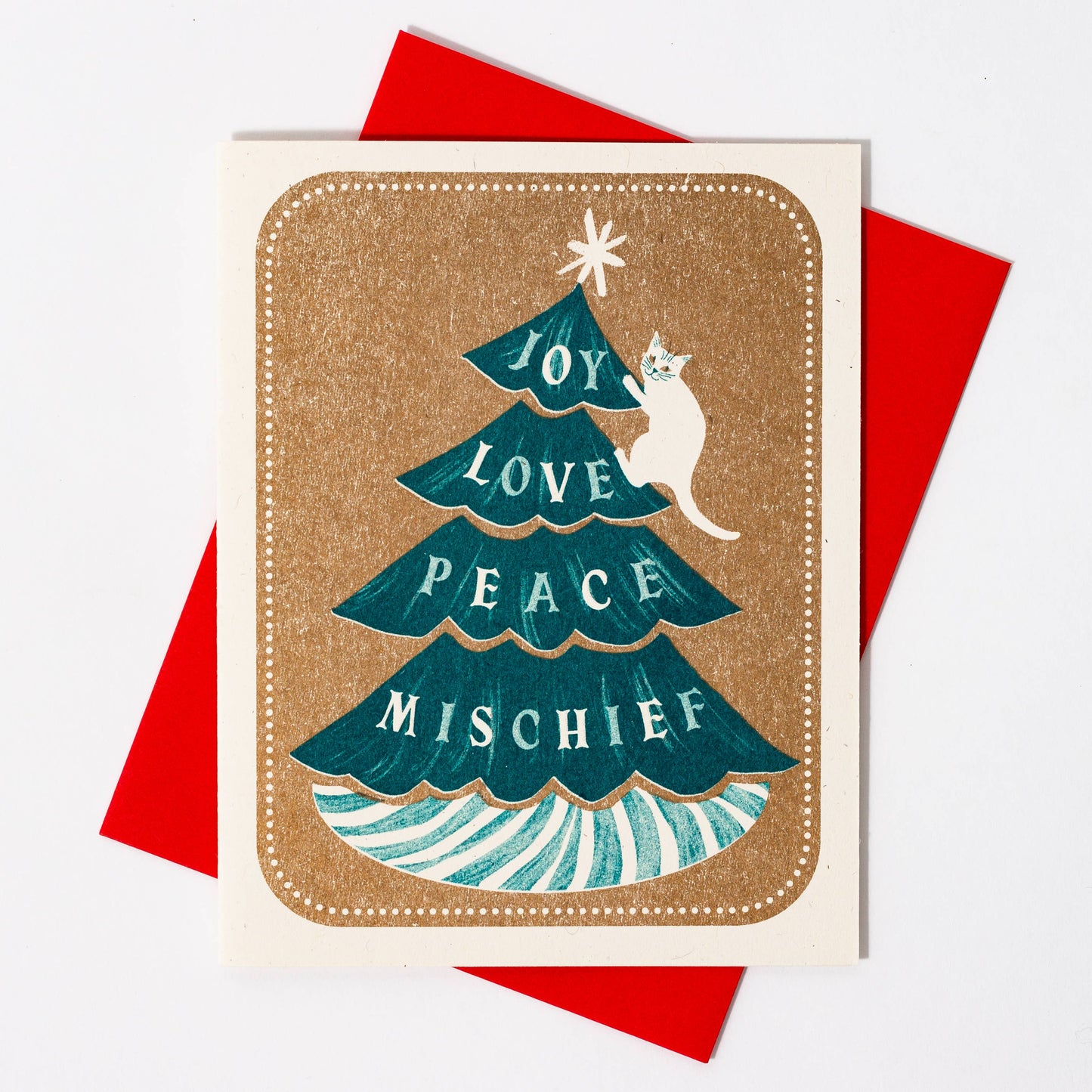 Bromstad Printing Co. - Joy Love Peace Mischief Cat - Risograph Christmas Card