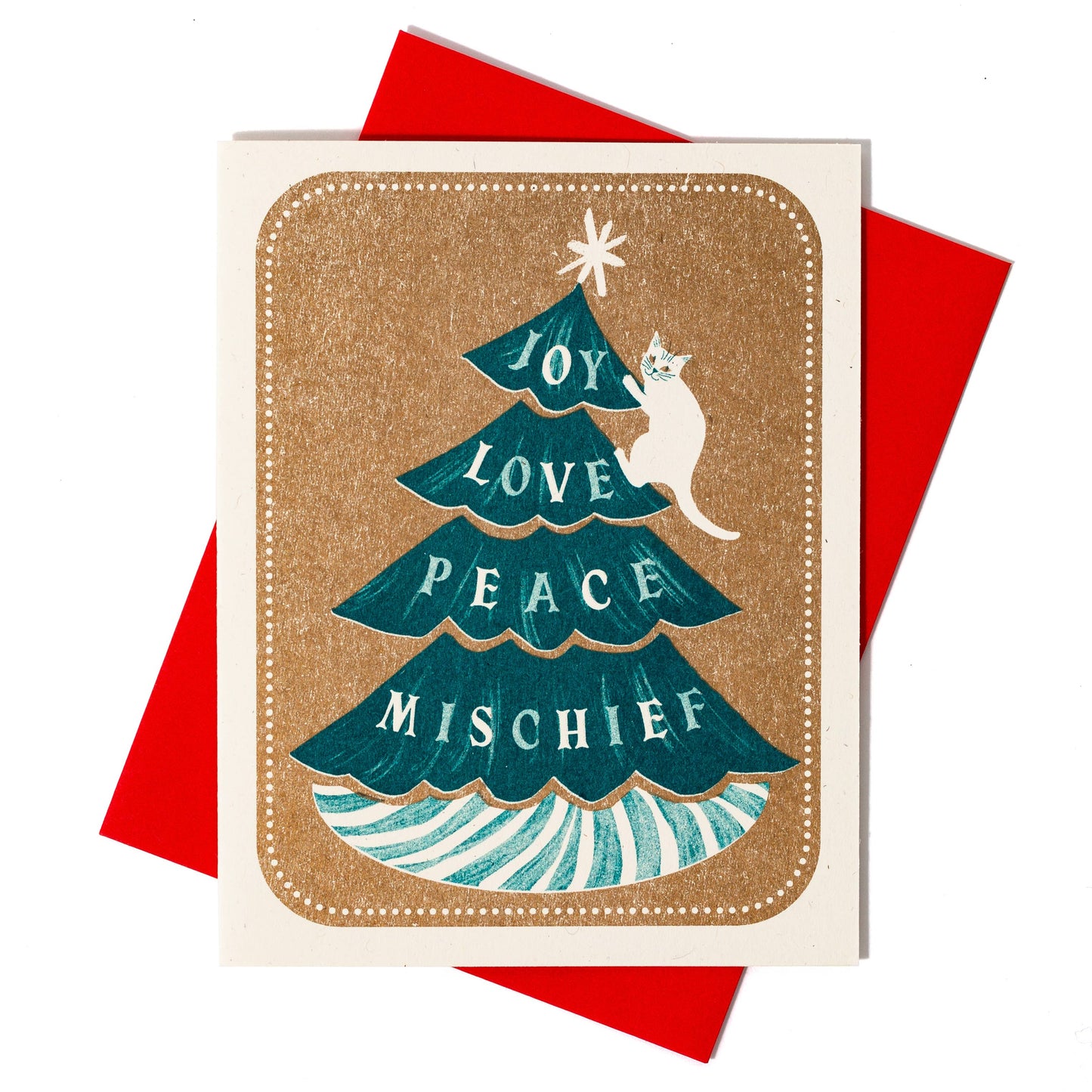 Bromstad Printing Co. - Joy Love Peace Mischief Cat - Risograph Christmas Card