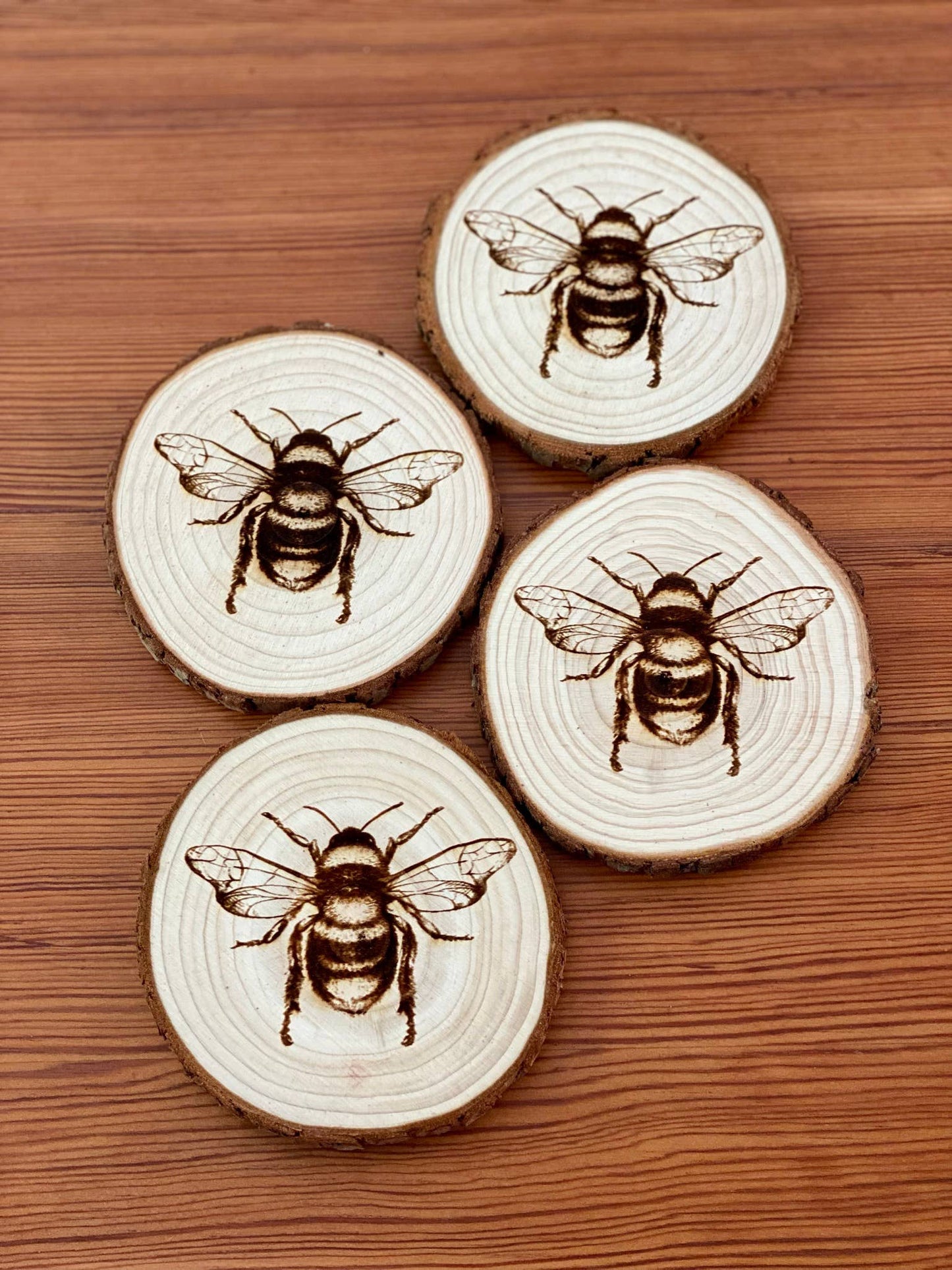 Engraved Wood Bee Coasters