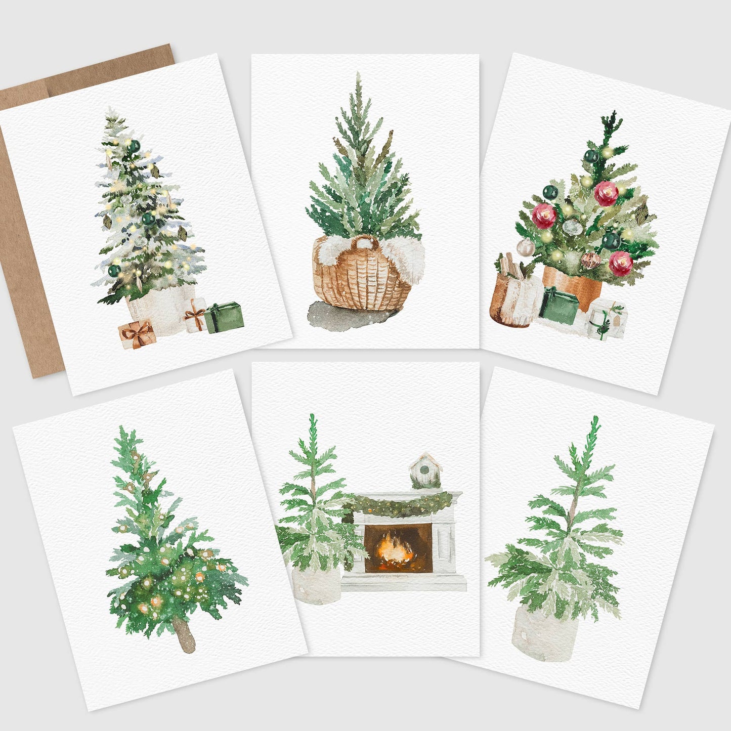 Blue Thistle - Boxed Set of 6 or 12 Holiday Greeting Cards, Christmas Trees