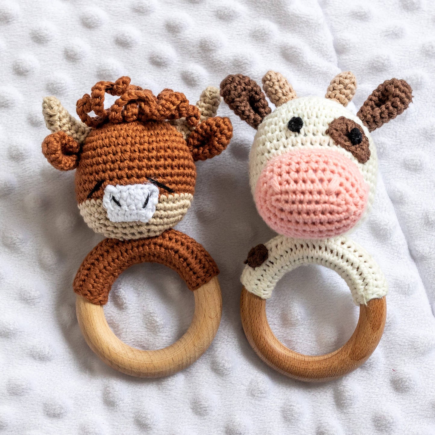 Animal Hand Crochet Rattles - Barnyard Friends: Lamb - Ivory & Pink