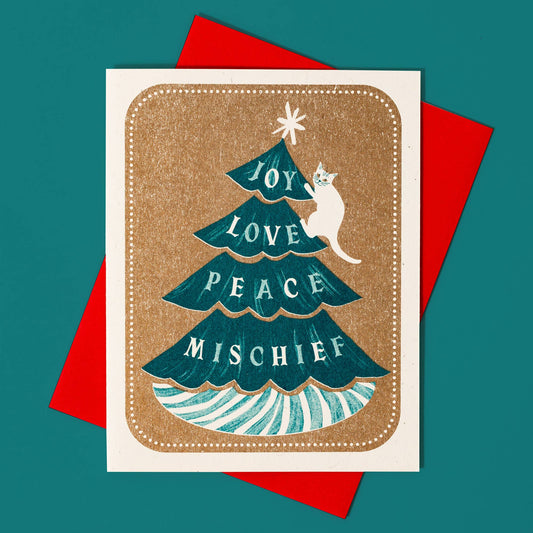 Bromstad Printing Co. - Joy Love Peace Mischief Cat - Risograph Christmas Card