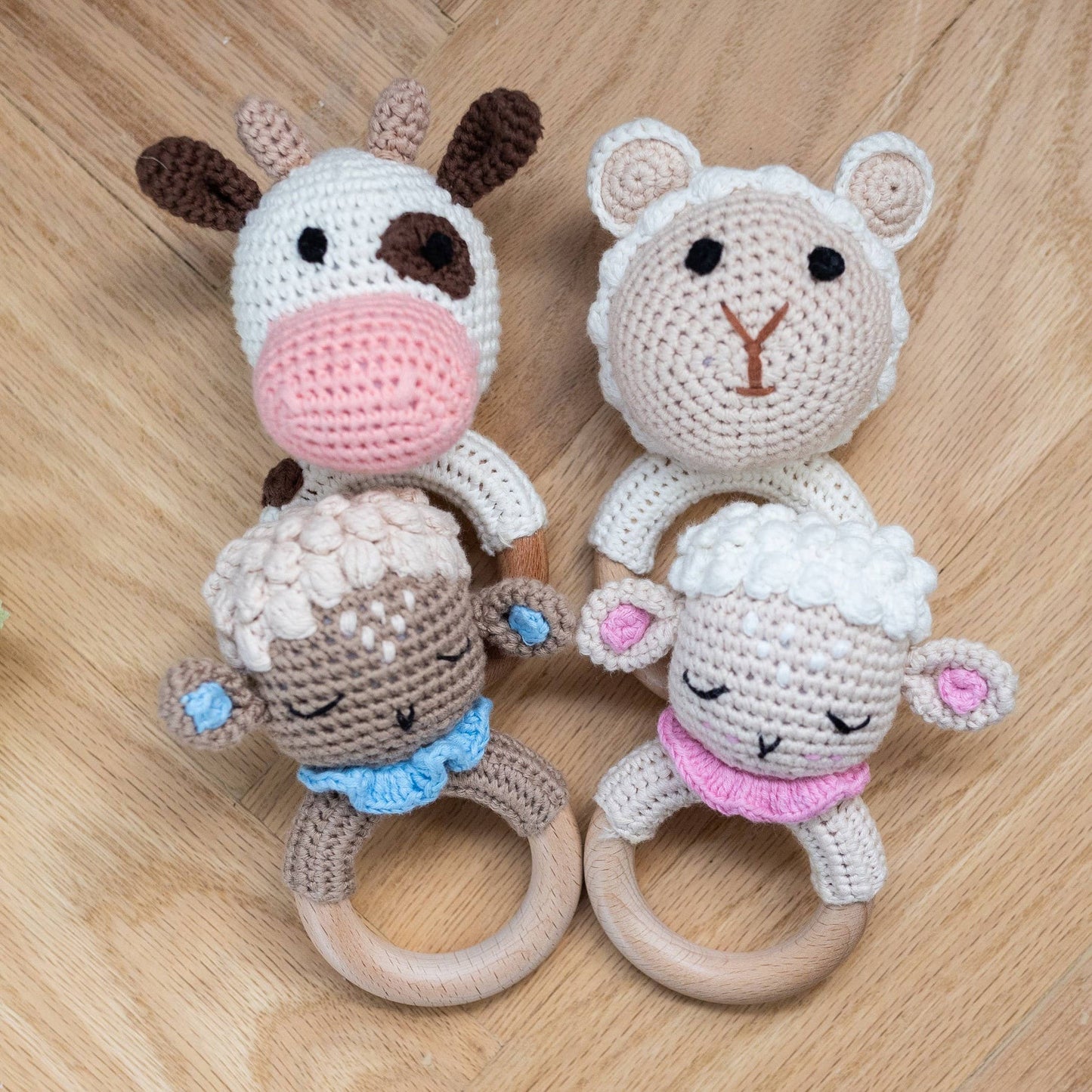 Animal Hand Crochet Rattles - Barnyard Friends: Lamb - Ivory & Pink