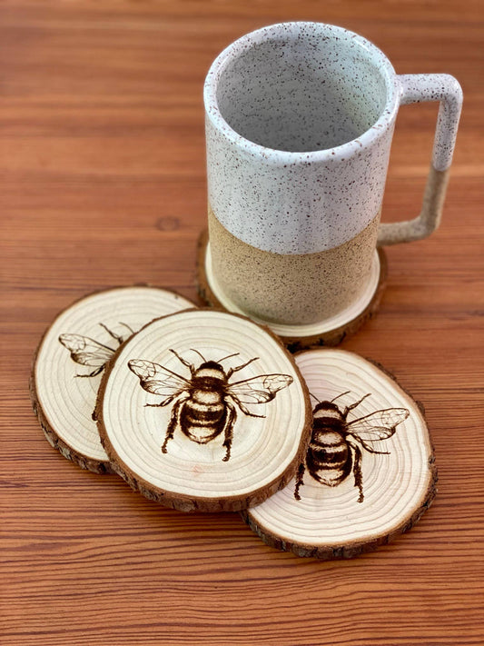 Engraved Wood Bee Coasters