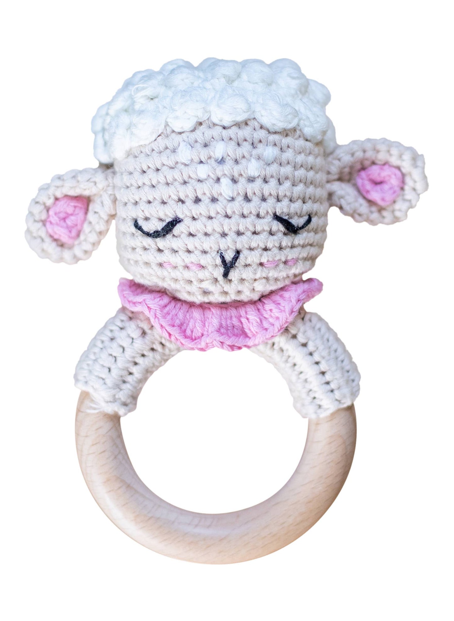 Animal Hand Crochet Rattles - Barnyard Friends: Lamb - Ivory & Pink