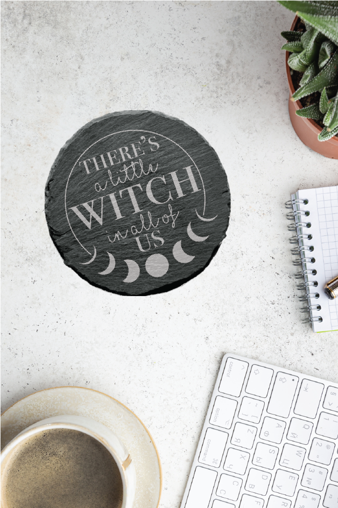 "A little witch" Round Engraved Slate Drink Kitchen Coaster